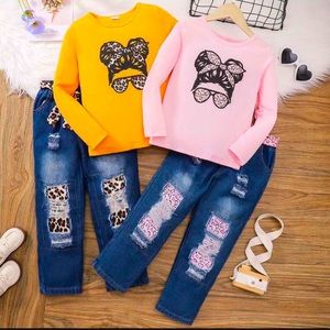 Girl 2pcs winter autumn long sleeve cartoons print top and ripped jeans pant set